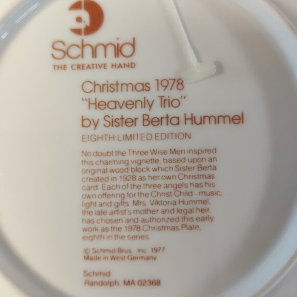 HUMMEL 1978 Christmas Collector Plate “Heavenly Trio”, Schmid 8th Limit Ed w/Box - Picture 3 of 10